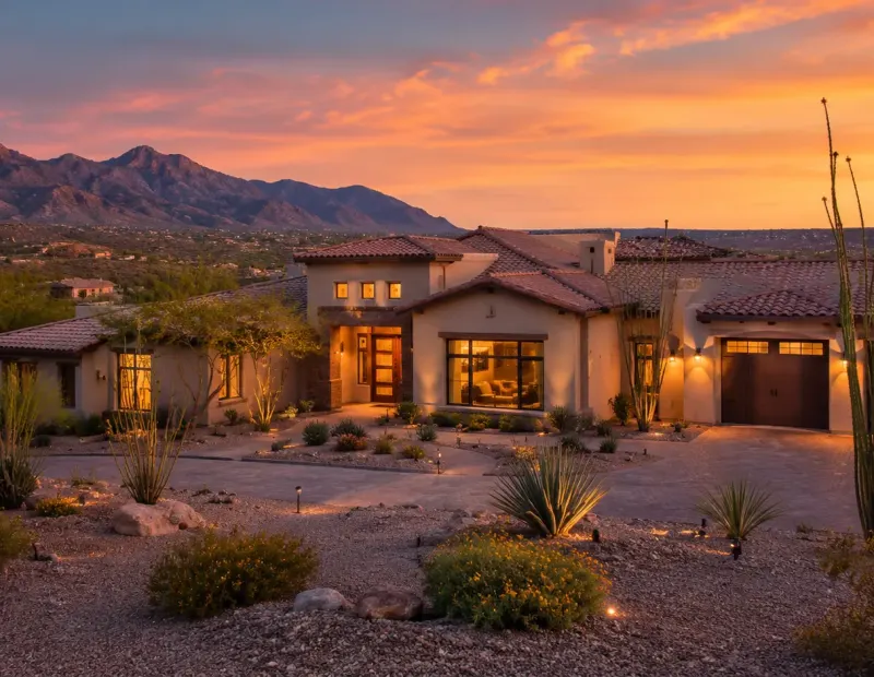 Contemporary Tucson home with desert landscaping and mountain views at sunset