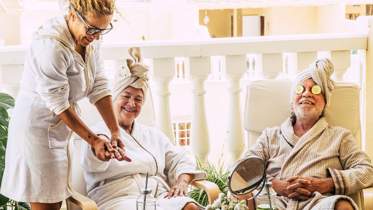 Three friends enjoying a spa day on a balcony in 55+ active adult communities in Southern Arizona