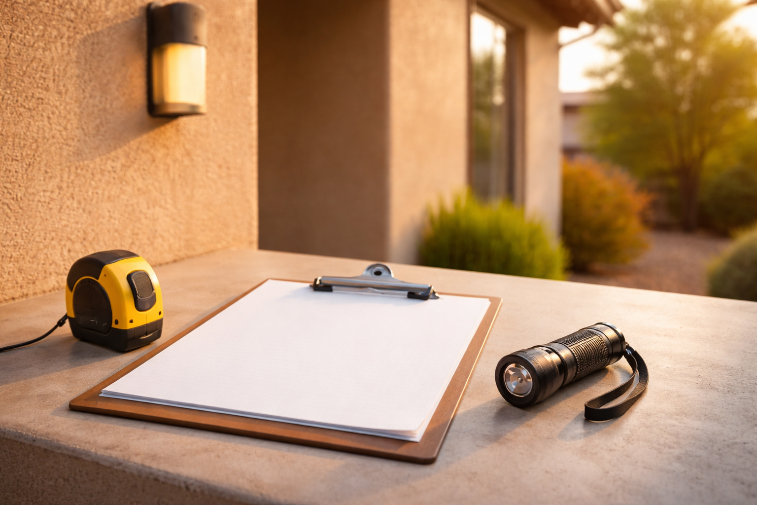 Home inspection clipboard, tape measure, and flashlight outside a Tucson home during the buyer due diligence process.