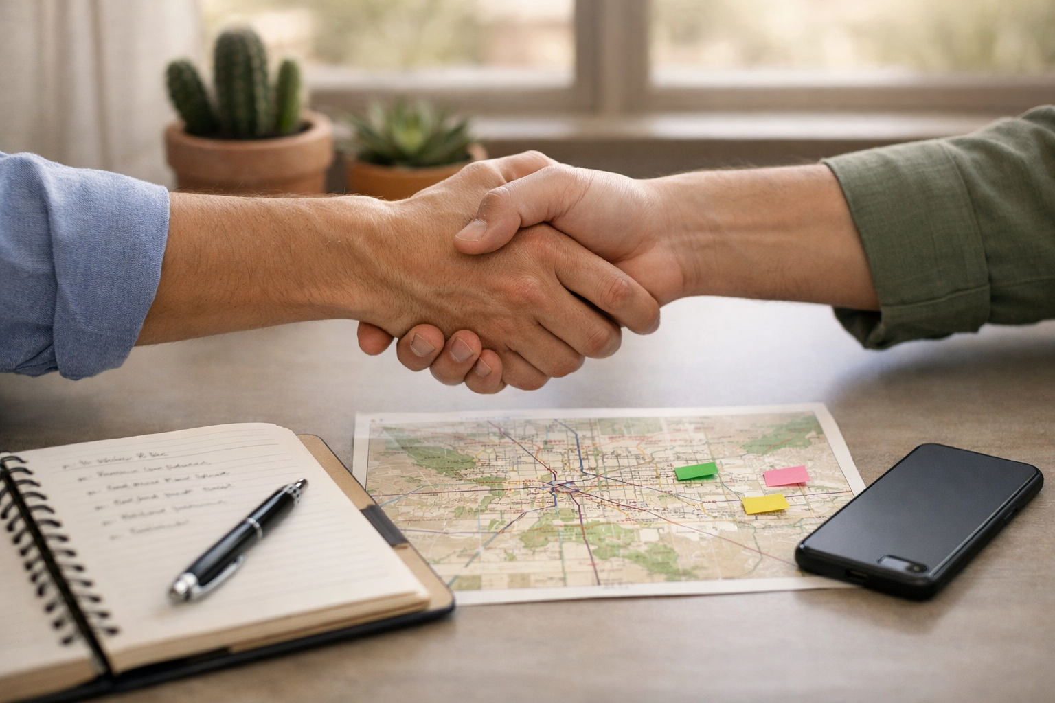 Real estate consultation in Tucson with agent and client shaking hands across a desk with notes and a city map.