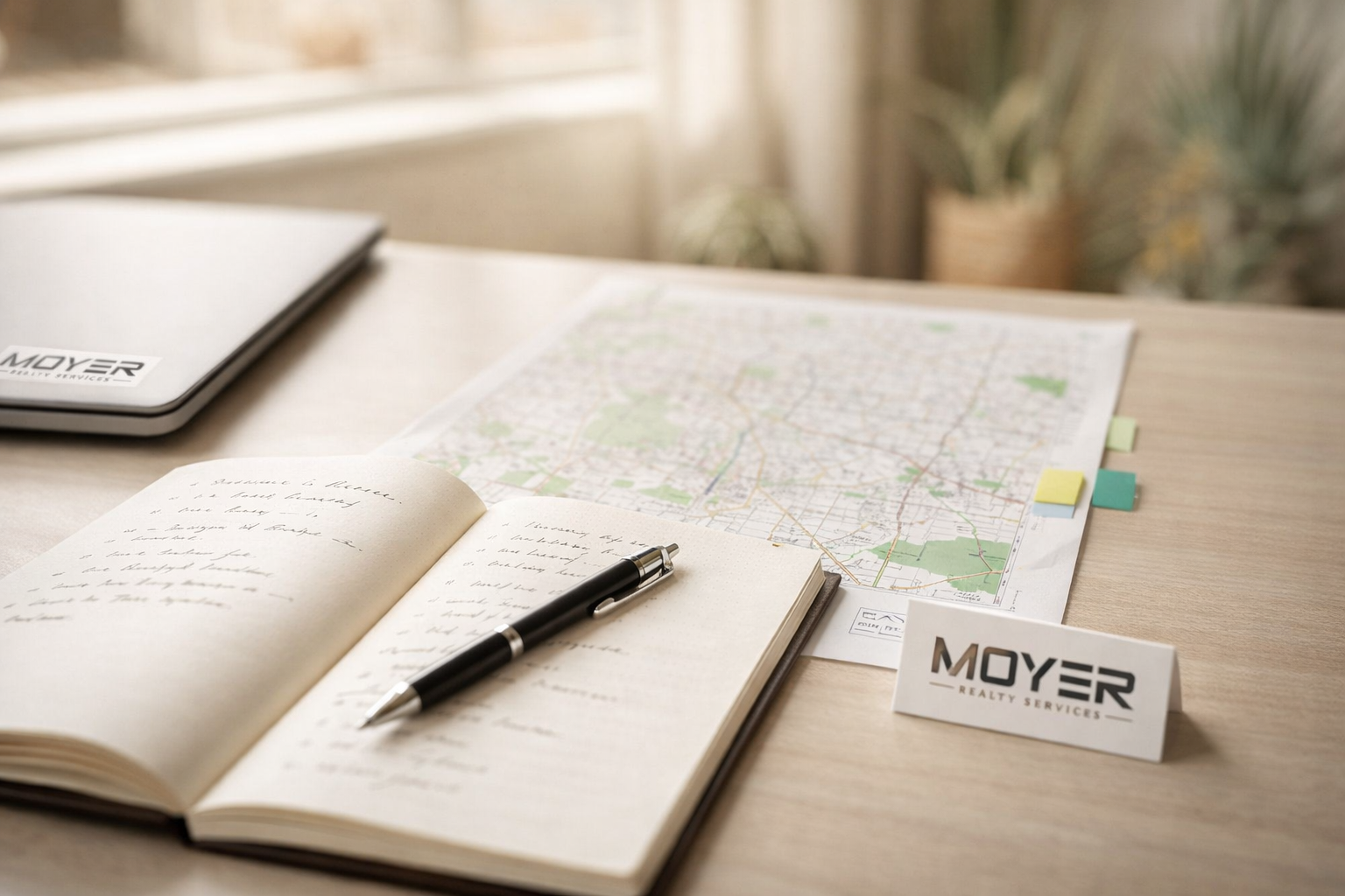 Modern real estate consultation workspace in Tucson with notebook, map, and Moyer Realty Services branding