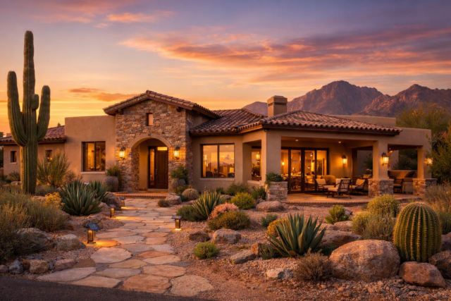 Tucson Arizona home exterior at golden hour illustrating VA loan limits in Arizona for 2026 buyers