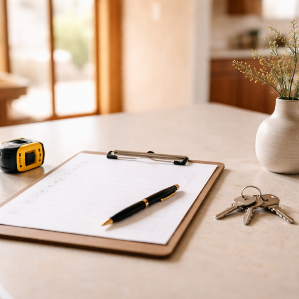 Seller home staging checklist with keys and tape measure on Tucson kitchen island